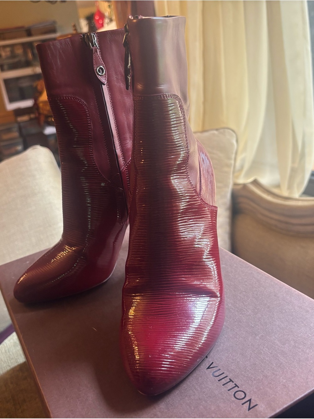 Louis Vuitton Burgundy Patent Leather Ankle Boots